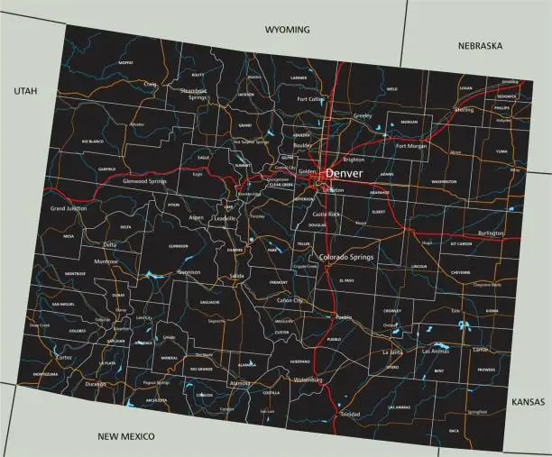 Vector illustration of High detailed Colorado road map with labeling.