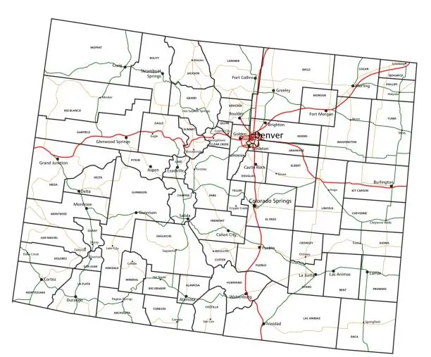 Vector illustration of Colorado road and highway map. Vector illustration.