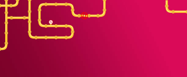 istock Horizontal industrial background with pipeline. Yellow water pipes on red background. 1455456479