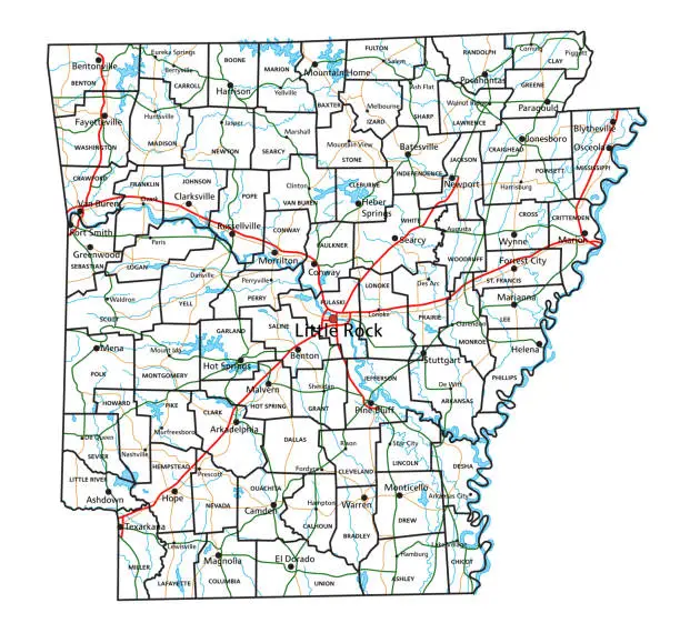 Vector illustration of Arkansas road and highway map. Vector illustration.