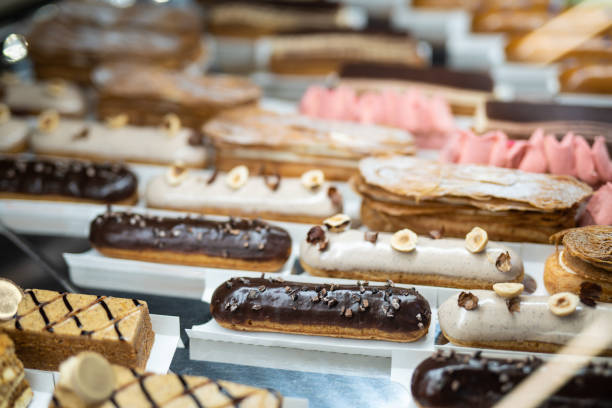 istock various delicious sweet pastries in the shop window. 1455457527