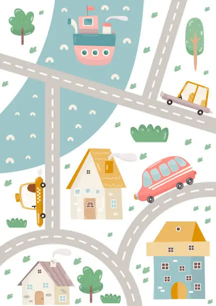 Vector illustration of Little Town Nursery Wall Art Cute Poster with Cartoon Houses, Roads and Car. Vector City Map for Baby Room, Shower Card, Kids T-shirt