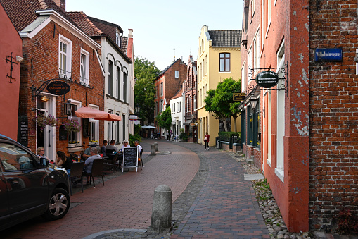 Leer, September 3, 2022 - The town hall street in the old town of Leer (East Frisia).