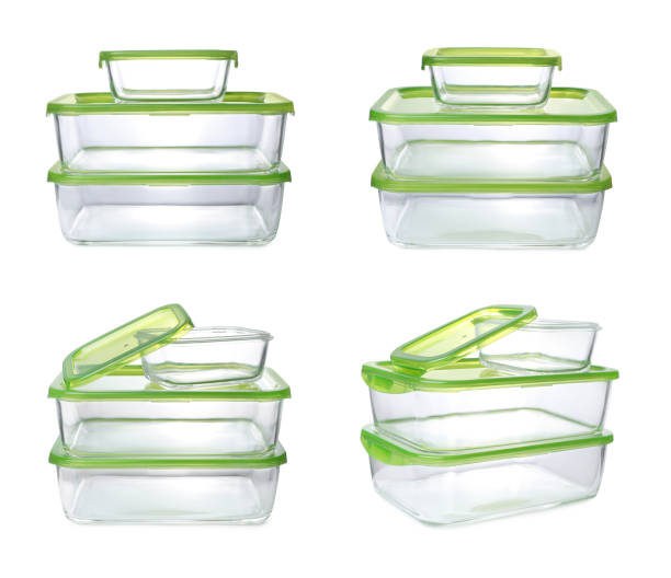 istock Set with empty glass containers for food on white background 1455460672