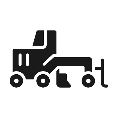Grader black glyph icon. Creating flat surface. Coal mining equipment. Heavy industry. Motor vehicle. Silhouette symbol on white space. Solid pictogram. Vector isolated illustration
