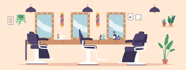 Vector illustration of Barber Shop Empty Salon Interior with Chairs, Mirror, Cosmetics and Tools or Equipment for Shaving on Desk, Barbershop