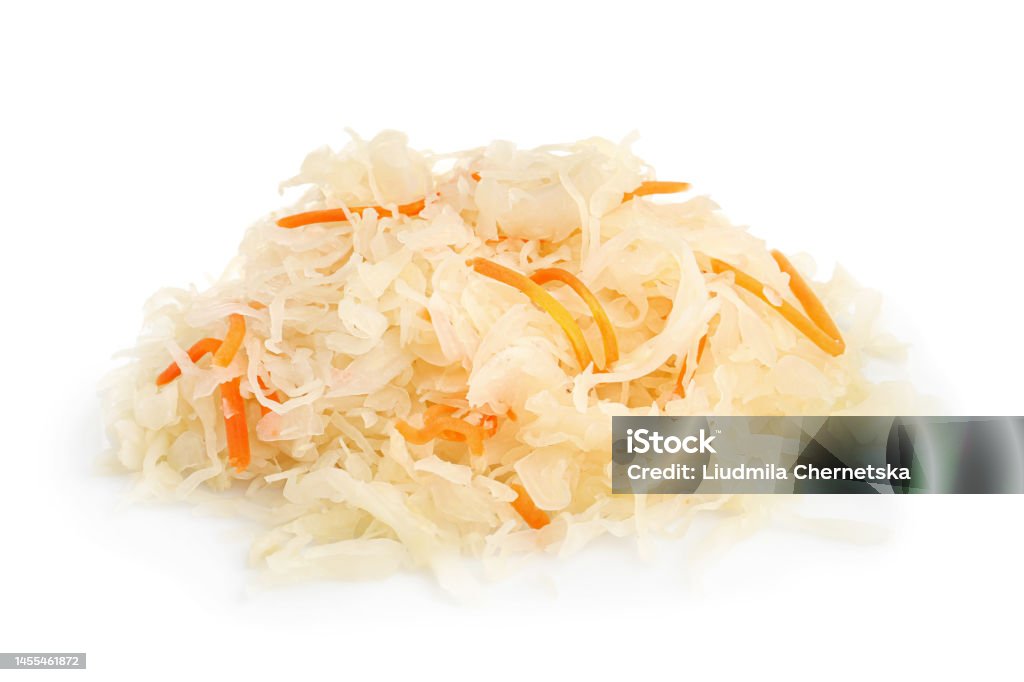 Tasty sauerkraut with carrot on white background Carrot Stock Photo
