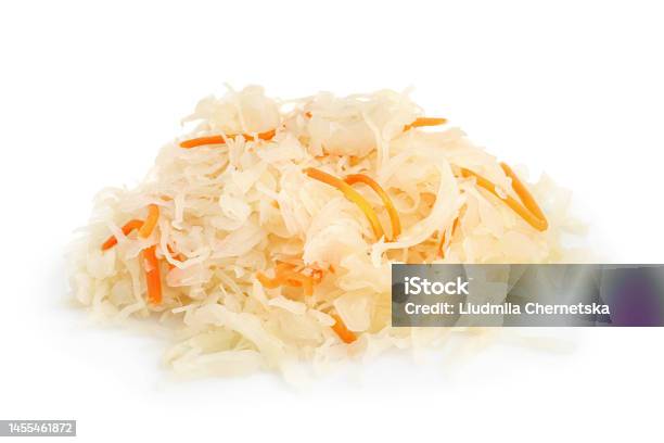 Tasty Sauerkraut With Carrot On White Background Stock Photo - Download Image Now - Carrot, Coleslaw, Chopped Food