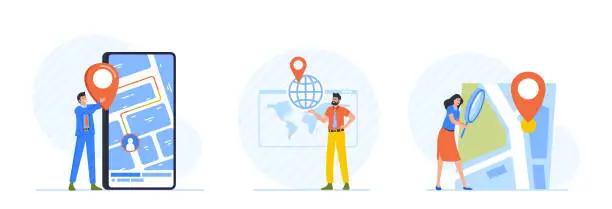 Vector illustration of Set Geolocation Concept with Tiny Male and Female Characters Searching Route and Looking on Map Online in App