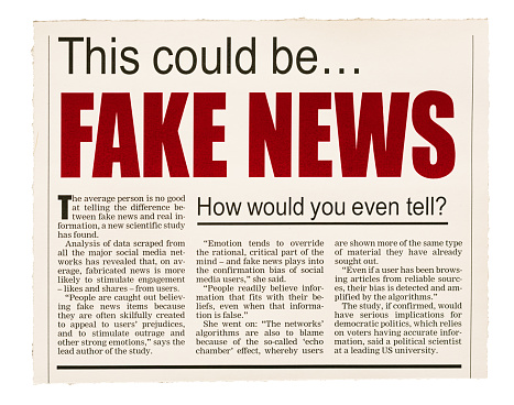 Simulated newspaper clipping sows doubt about whether the reader can tell the difference between fake news and real news. Text was written from scratch by the photographer (an experienced journalist), who also did the design, so this image is free of third-party copyright and may be used without restrictions. Although the text was written with plausibility in mind, no claim of truth or accuracy is made about it.