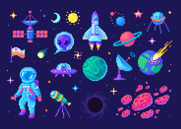 Space exploring icons set in pixel art. Pixelated cartoon elements about cosmos Space exploring icons set in pixel art. Spaceship, astronaut, alien, asteroids and other objects in outer space. Pixelated cartoon elements about cosmos, 8 bit retro style vector illustration space invaders game stock illustrations