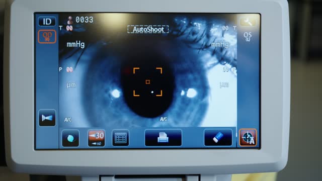 Optometrist examining patient's eyes in eye surgery clinic. Eyesight check.