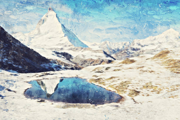 impasto obraz olejny piękny krajobraz matterhorn w śniegu w zermatt w szwajcarii. - zermatt stock illustrations
