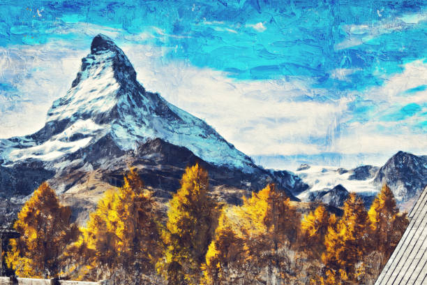 ilustraciones, imágenes clip art, dibujos animados e iconos de stock de impasto pintura al óleo hermosa vista del paisaje de cervino en otoño en zermatt suiza. - mountain mountain peak mountain climbing switzerland