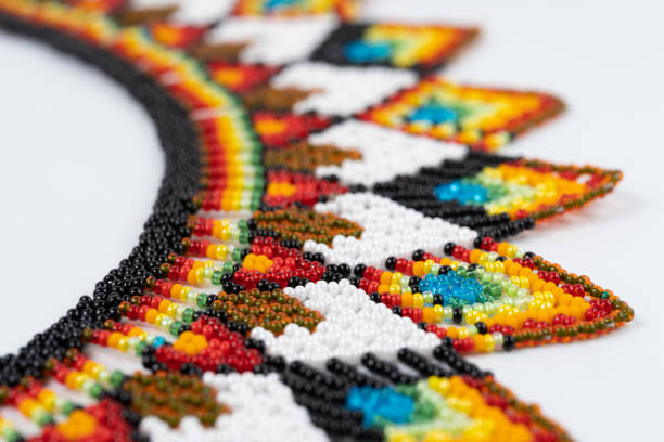 handmade colorful bead necklace close-up isolated on white background.