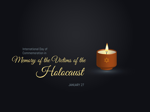 International Holocaust Remembrance Day.January 27. Lit candle on black background, commemorates the victims of the Holocaust.