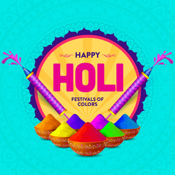 Vector illustration of colourful Happy Holi. colours in different bowl and pichkari Vector illustration of colourful Happy Holi. colours in different bowl and pichkari holi stock illustrations
