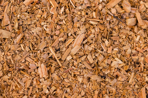 Texture (pattern) of small pieces of wood. Wood chips. Selective focus.
