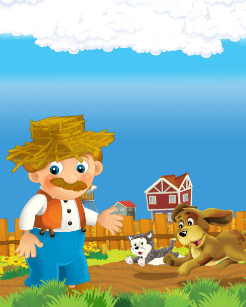 ilustraciones, imágenes clip art, dibujos animados e iconos de stock de escena de dibujos animados con un granjero feliz en el rancho de la granja ilustración para los niños - horse goat child humor