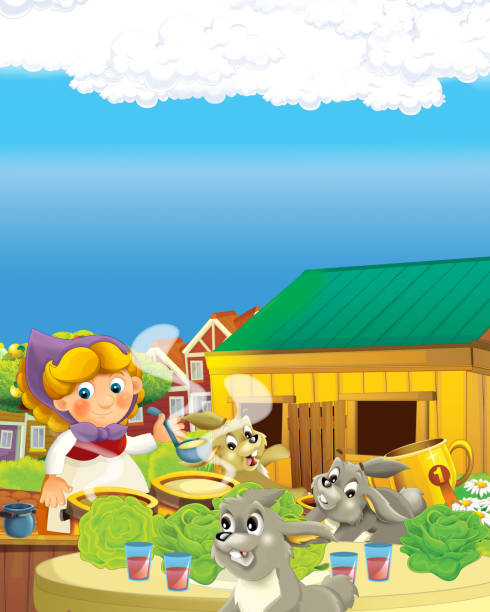 мультяшная сцена со счастливой женщиной-фермером на фермерском ранчо иллюстрация для детей - horse goat child humor stock illustrations