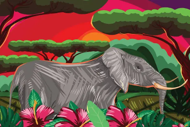 Vector illustration of Elephant in beautiful nature
