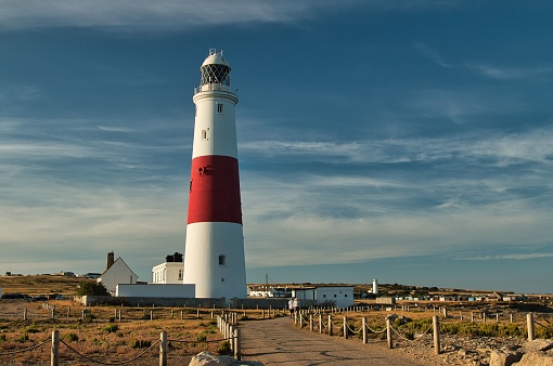 A view of the Portland Bill Lighthouse on the Isle of Portland, Dorset, England