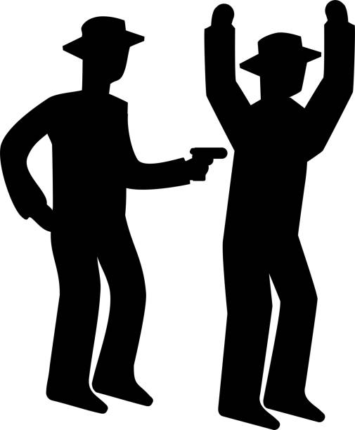 Silhouette of a man raising his hand with a gun pointed at his back / illustration material (vector illustration) Silhouette of a man raising his hand with a gun pointed at his back / illustration material (vector illustration) two men hunting stock illustrations