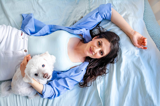 Beautiful happy brunette woman lying on bed with her Maltese dog. Top view. Beauty, joy, health care, fashion concept