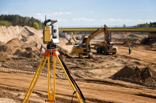 Land Surveyor equipment on construction of highway S3 near Wolin, Poland