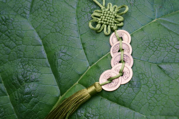 Chinese feng shui coins on a green background.