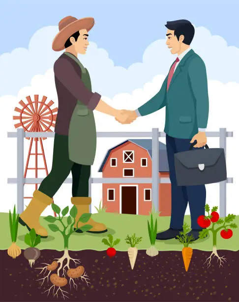 Vector illustration of Farmer and businessman shaking hands. Organic food delivery.