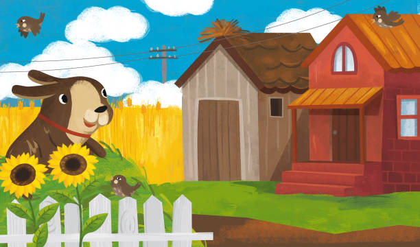 cartoon ranch szene mit farmer dog illustration - car people men barn stock-grafiken, -clipart, -cartoons und -symbole