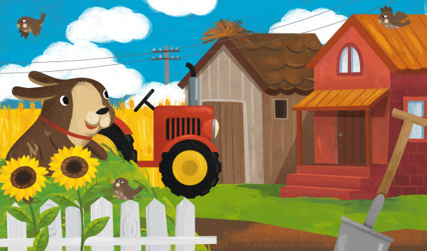 cartoon ranch szene mit farmer dog illustration - car people men barn stock-grafiken, -clipart, -cartoons und -symbole