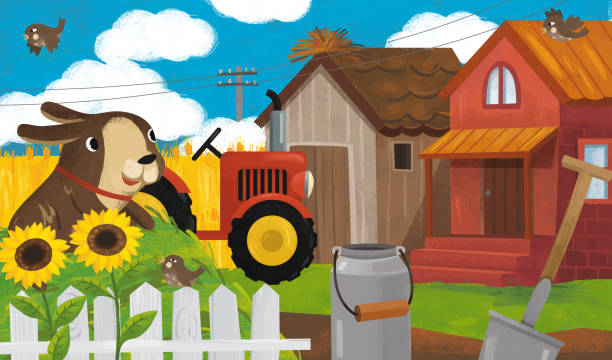 cartoon ranch szene mit farmer dog illustration - car people men barn stock-grafiken, -clipart, -cartoons und -symbole