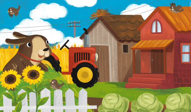 cartoon ranch szene mit farmer dog illustration - car people men barn stock-grafiken, -clipart, -cartoons und -symbole