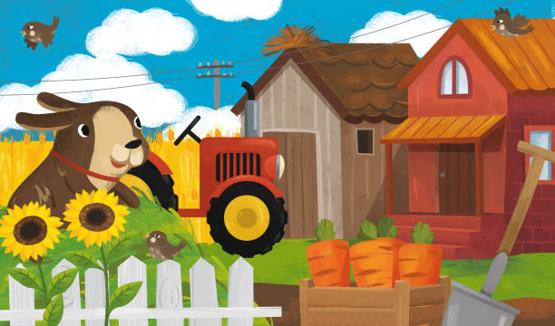農夫犬のイラストと漫画の牧場のシーン - car people men barn点のイラスト素材／クリップアート素材／マンガ素材／アイコン素材