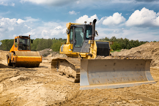 Road construction machinery on the construction of highway S3, Wolin, Poland