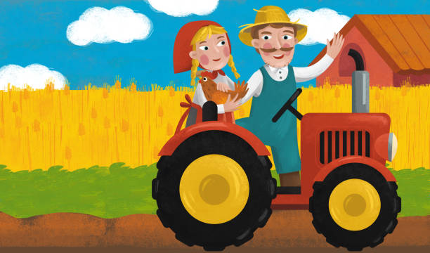 cartoon farm szene fahrzeug auto traktor illustration - car people men barn stock-grafiken, -clipart, -cartoons und -symbole