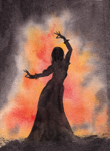 watercolor hand drawn illustration silhouette of a woman that is standing in front of flames.