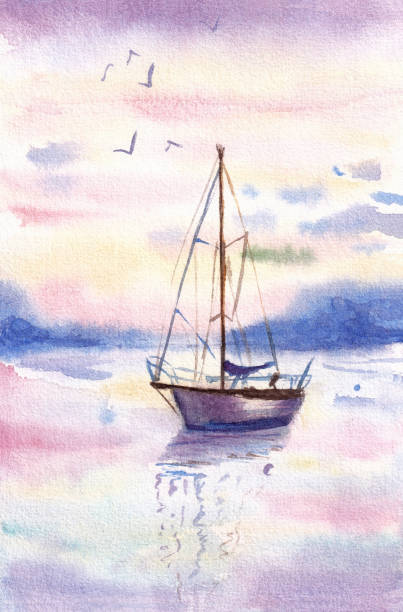 istock Watercolor illustration of a sailboat on sea in sunset 1455480383