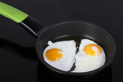 Fried eggs in frying pan on Induction Cooker