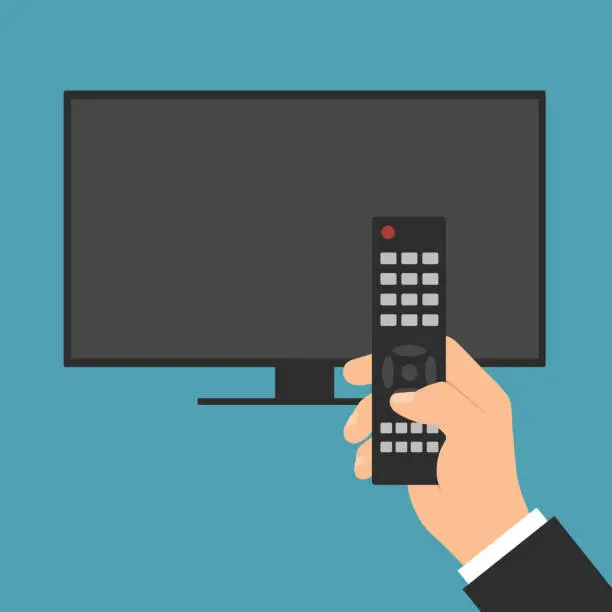 Vector illustration of A male hand holds a remote control for TV, television set or a monitor and press a button - vector on a green background