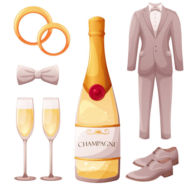 illustrations, cliparts, dessins animés et icônes de ensemble de mariage, articles du marié. costume de mariage, nœud papillon, chaussures, alliances, bouteille de champagne et verres - pocket suit glasses jacket