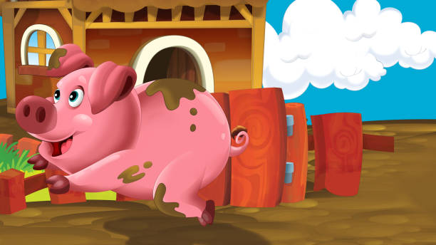 istock cartoon farm scene with pig illustration 1455481961