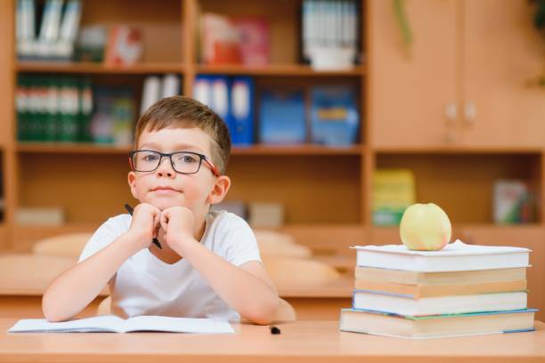 istock Elementary school boy at classroom desk trying to find new ideas for schoolwork. 1455482048