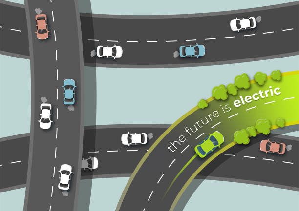 ilustraciones, imágenes clip art, dibujos animados e iconos de stock de el vehículo eléctrico se separa de otros vehículos de combustibles fósiles - green car