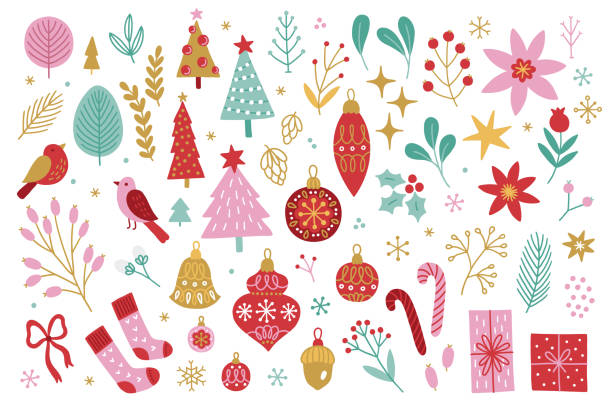 ilustrações, clipart, desenhos animados e ícones de conjunto de natal - árvores de natal, presentes, bola, enfeite, pássaro, flor, baga - pink christmas christmas ornament sphere