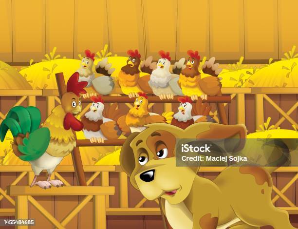 Cartoon Scene With Life On The Farm With Rooster Dog And Chickens In The  Barn Illustration For The Children Stock Illustration - Download Image Now  - iStock