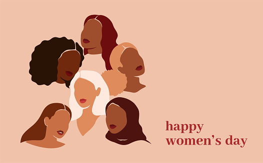 Women's day greeting card with six women of different ethnicities. Silhouettes of Strong and brave girls stand side by side together. Sisterhood and females friendship.Vertical Vector illustration