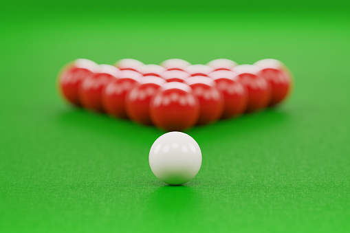 Pool balls over green pool table. Front view. Horizontal composition with copy space. Snooker concept.